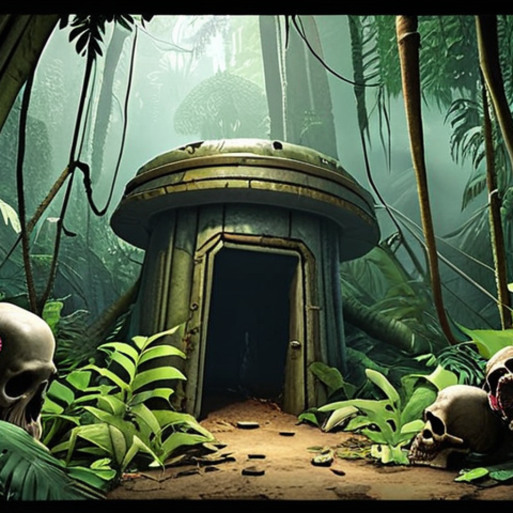 **

A cleverly concealed pitfall trap in a lush jungle biome. Pressure plates are disguised with jungle leaves, triggering a piston mechanism to open a hidden hole. Below, several zombies and skeletons are trapped, some with humorous expressions of dismay. The overall scene should be brightly lit and inviting, belying the danger hidden within.  Focus on the ingenuity of the design and the humor of the situation.

**