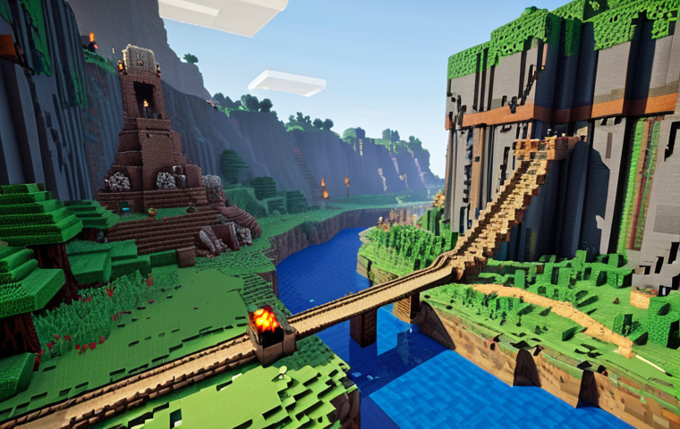 A strategic Minecraft Tower Defense map. A winding, block-based path for various mobs, integrating natural terrain elements like a flowing river and towering cliffs. Early-stage arrow towers and TNT towers are strategically placed along the path, actively defending against an incoming wave of zombies and skeletons. The scene emphasizes intelligent map design and the initial stages of a creative defense. Vibrant, detailed block art style, reminiscent of in-game screenshots.