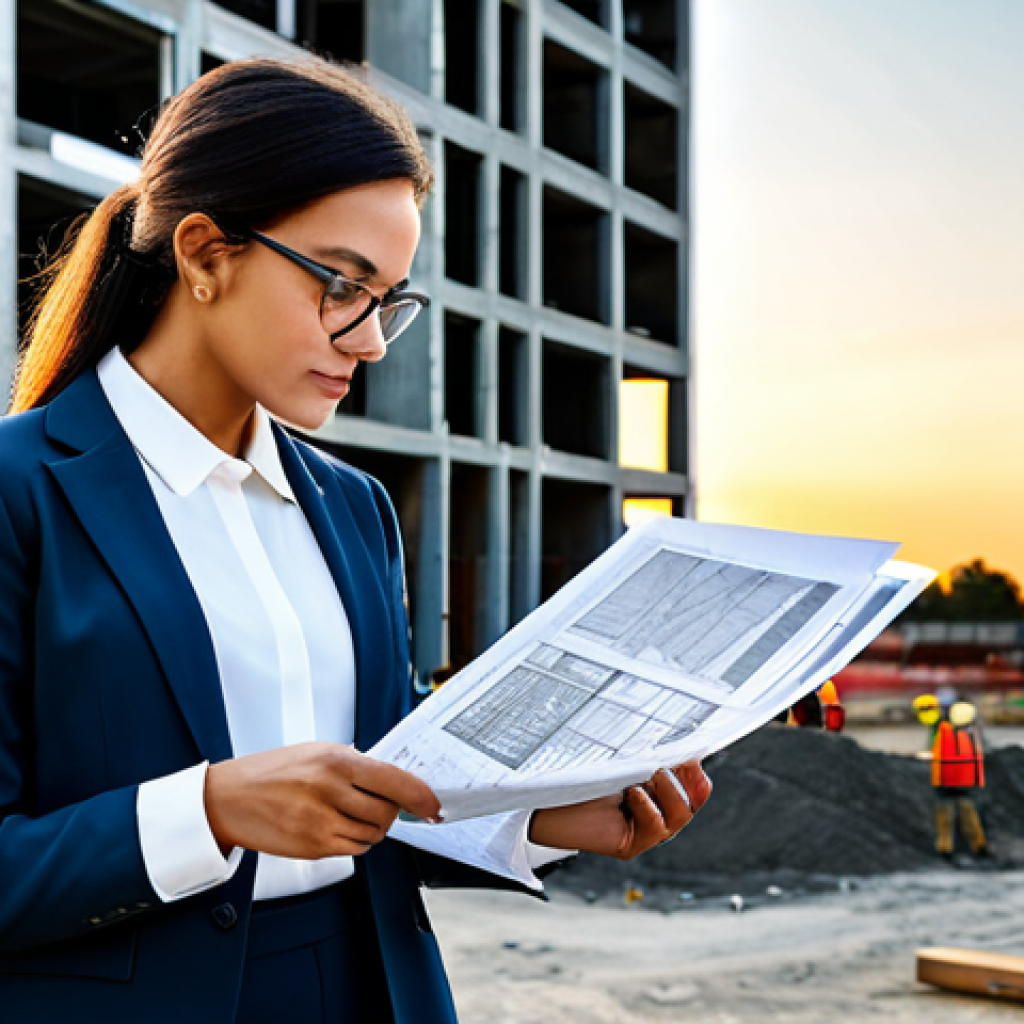 **

A professional architect, fully clothed in a stylish yet modest business casual outfit (slacks, blouse, blazer), reviewing blueprints on a construction site at sunset.  Modern buildings are in the background. Appropriate attire, safe for work, professional setting, perfect anatomy, natural proportions, well-formed hands, proper finger count. High resolution, realistic rendering.

**