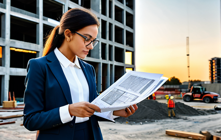 **

A professional architect, fully clothed in a stylish yet modest business casual outfit (slacks, blouse, blazer), reviewing blueprints on a construction site at sunset.  Modern buildings are in the background. Appropriate attire, safe for work, professional setting, perfect anatomy, natural proportions, well-formed hands, proper finger count. High resolution, realistic rendering.

**