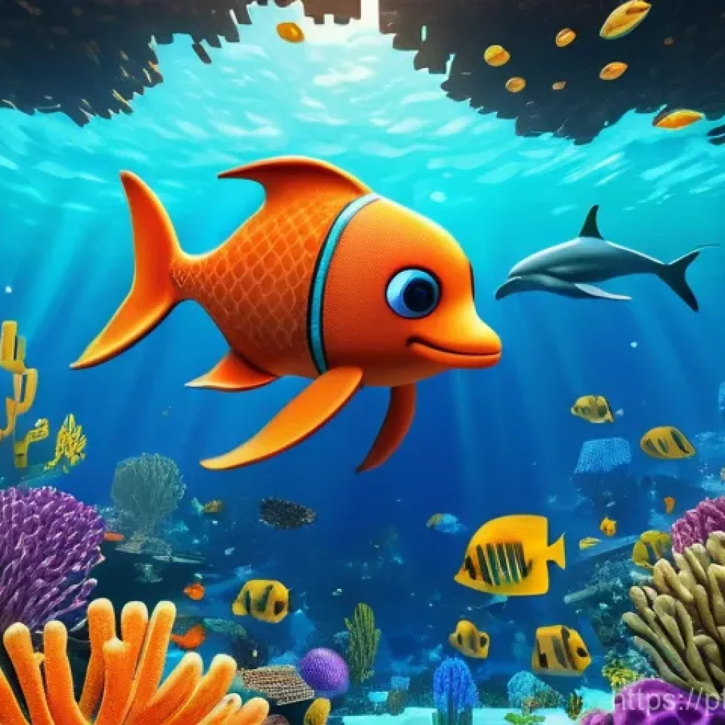 마인크래프트 아쿠아틱 업데이트 활용 - **Vibrant Coral Reef Exploration:**
    "A Minecraft character, wearing full enchanted diamond armor...