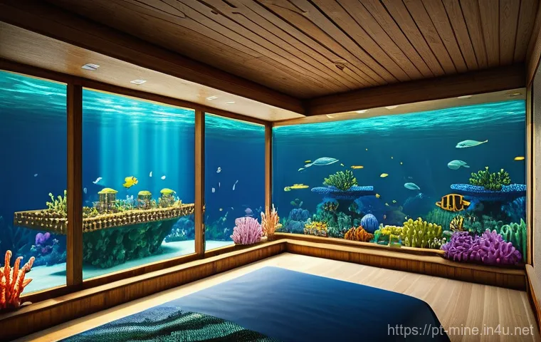 마인크래프트 아쿠아틱 업데이트 활용 - **Vibrant Coral Reef Exploration:**
    "A Minecraft character, wearing full enchanted diamond armor...