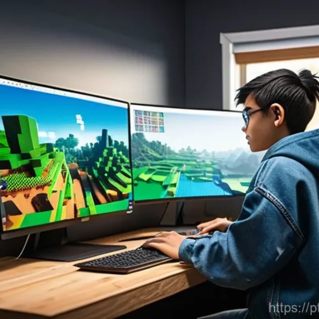 마인크래프트 팬 아트 활용 - A highly detailed digital illustration featuring a young, focused artist (wearing a comfortable hood...