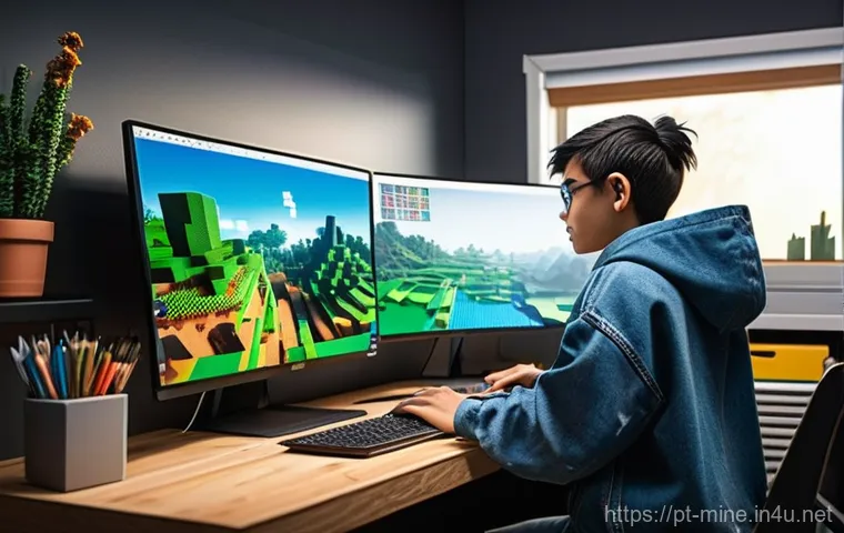 마인크래프트 팬 아트 활용 - A highly detailed digital illustration featuring a young, focused artist (wearing a comfortable hood...