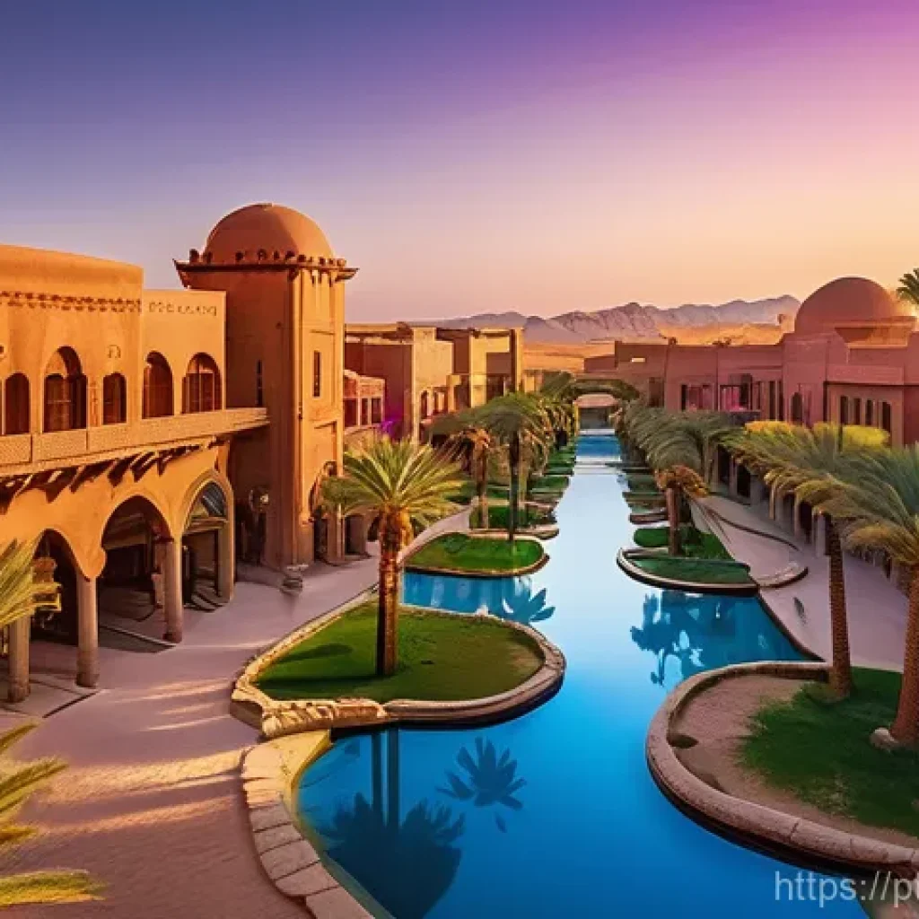 마인크래프트 지형 활용법 - **A Vibrant Desert Oasis City at Dusk.**
    An expansive, ancient city rises from the golden sands ...