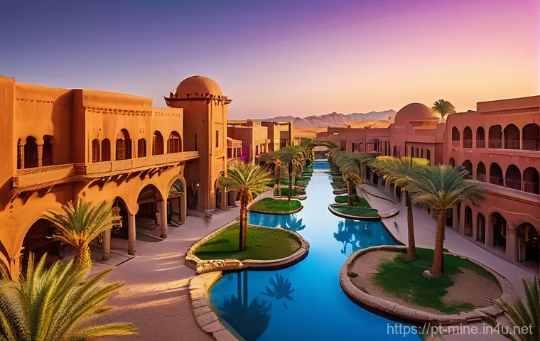 마인크래프트 지형 활용법 - **A Vibrant Desert Oasis City at Dusk.**
    An expansive, ancient city rises from the golden sands ...