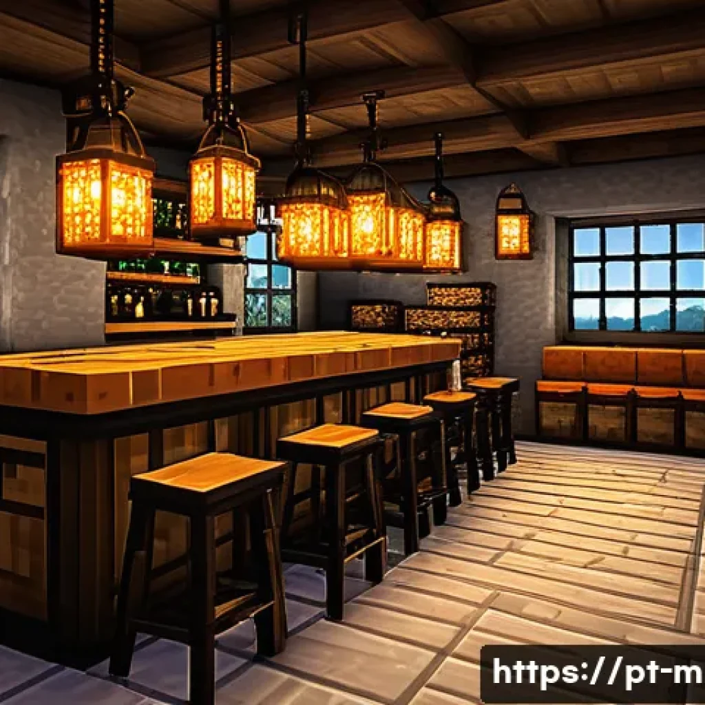 마인크래프트 조명 기술 팁 - **A Warm and Inviting Minecraft Tavern Interior at Dusk.**
    Visualize a cozy Minecraft tavern, me...
