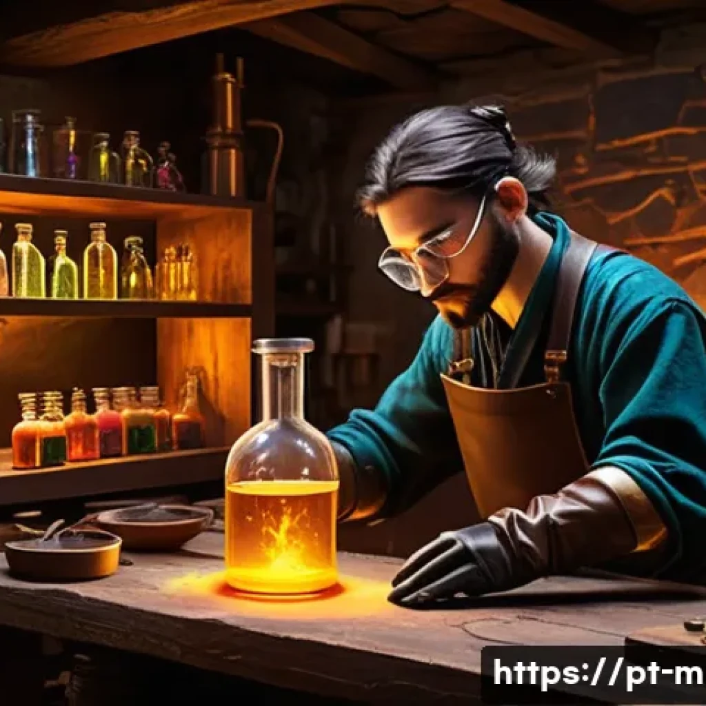 마인크래프트 포션 제작법 - **Prompt 1: "A young, determined alchemist, wearing practical leather overalls and a simple tunic, i...