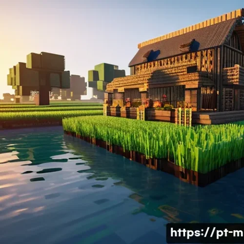 마인크래프트 무한 자원 팁 - A detailed Minecraft automatic sugar cane farm at sunset, featuring rows of sugar cane planted besid...