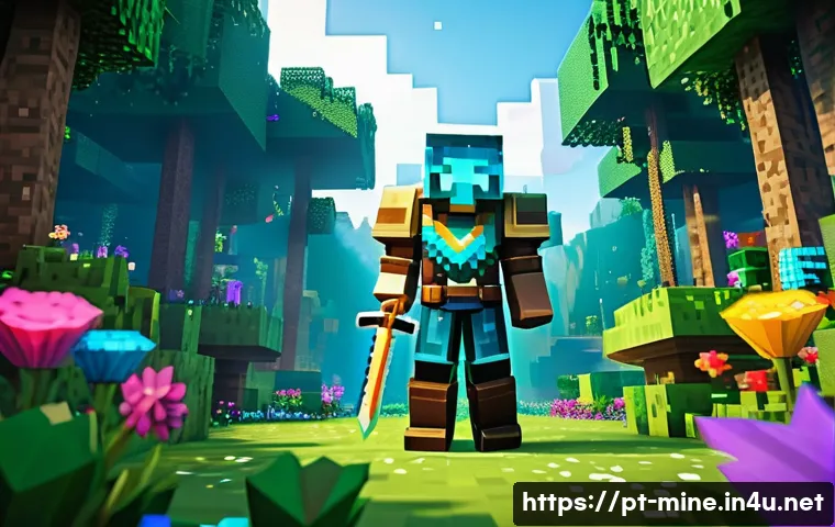 마인크래프트 명령어 챌린지 - A vibrant Minecraft scene showcasing a player using the /give command to receive a large stack of sp...