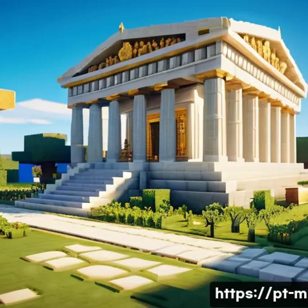 마인크래프트 신화 건축물 재현 - A grand Greek-inspired temple in Minecraft, featuring towering Doric columns made of smooth white ma...