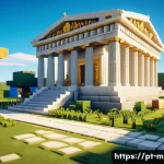 마인크래프트 신화 건축물 재현 - A grand Greek-inspired temple in Minecraft, featuring towering Doric columns made of smooth white ma...