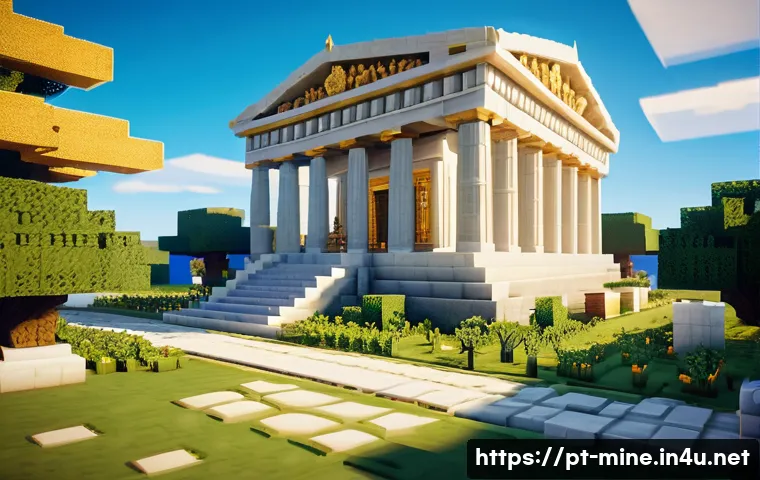 마인크래프트 신화 건축물 재현 - A grand Greek-inspired temple in Minecraft, featuring towering Doric columns made of smooth white ma...