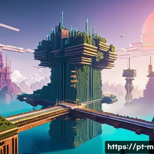 마인크래프트 초현실 맵 투어 - A surreal Minecraft landscape featuring floating towers and intertwining bridges suspended in a vast...