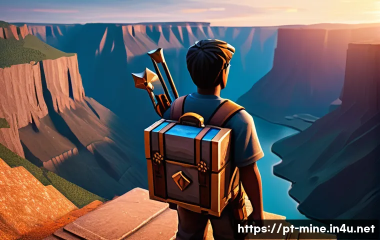 마인크래프트 협곡 탐험 팁 - A skilled Minecraft explorer standing at the edge of a vast canyon during sunset, wearing sturdy iro...