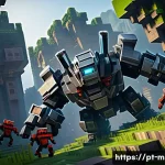 마인크래프트 몹 싸움 시뮬레이션 - A dynamic Minecraft battle scene showcasing a strategic clash between various mobs: a group of armor...