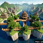 마인크래프트 공중 도시 만들기 - A sprawling floating city in Minecraft set high above varied biomes, featuring large rounded platfor...