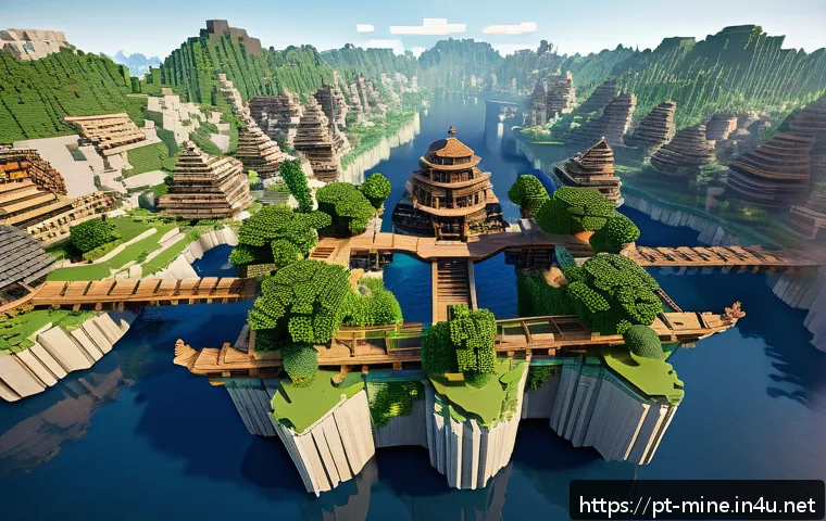 마인크래프트 공중 도시 만들기 - A sprawling floating city in Minecraft set high above varied biomes, featuring large rounded platfor...