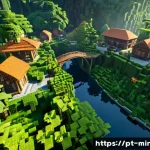 마인크래프트 숲속 마을 설계 - Photorealistic Minecraft-inspired forest village blueprint scene, aerial three-quarter view of a den...