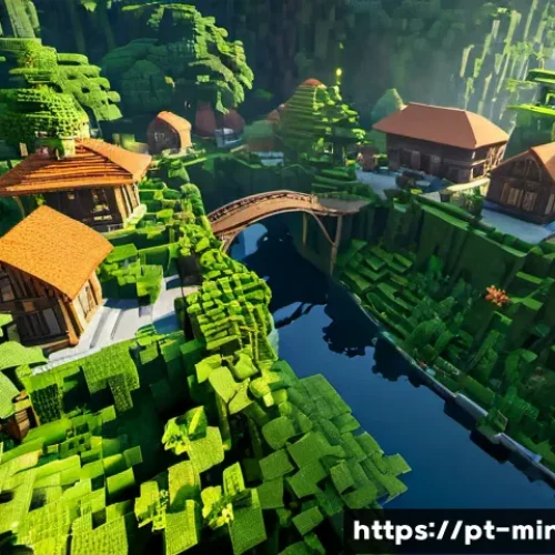 마인크래프트 숲속 마을 설계 - Photorealistic Minecraft-inspired forest village blueprint scene, aerial three-quarter view of a den...