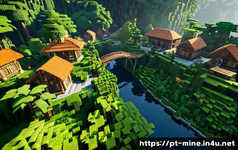마인크래프트 숲속 마을 설계 - Photorealistic Minecraft-inspired forest village blueprint scene, aerial three-quarter view of a den...