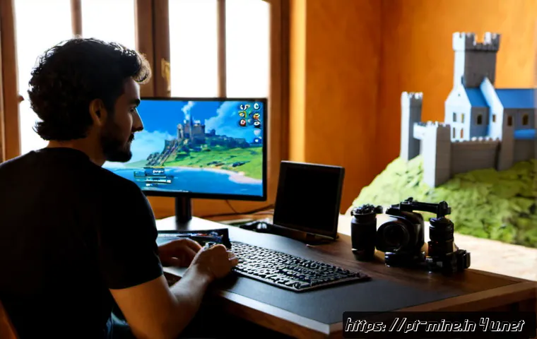 Home 17 마인크래프트 시네마틱 촬영 팁 - Photorealistic cinematic home studio scene, Portuguese-speaking gaming creator seen from behind at a...