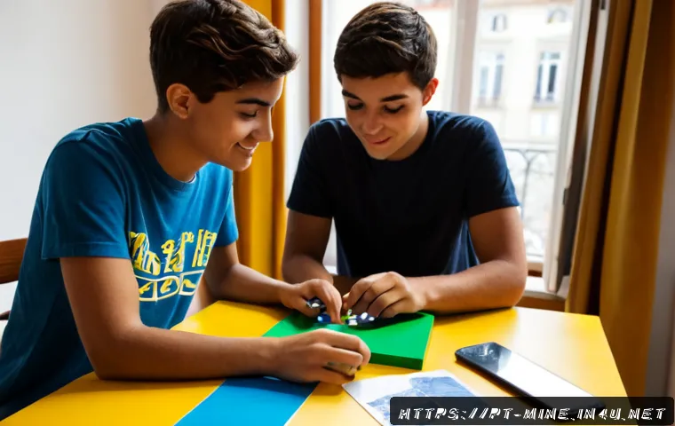 Home 15 마인크래프트 공동 작업 노하우 - Photorealistic scene of three Portuguese-speaking teenage friends collaborating on a colorful block-...